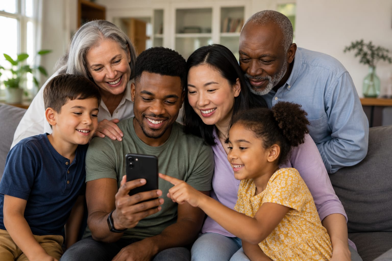 Mom, dad, grandma, and children looking at one phone together